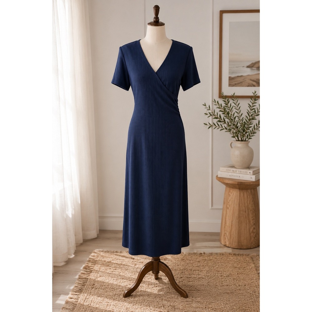 Another Thyme Black Faux Wrap Midi Dress 10P Textured Stretch Retro NWT Textured